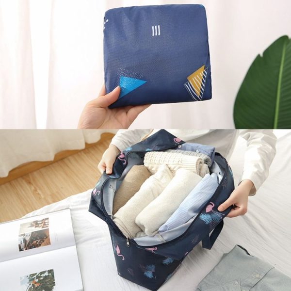 Travel Waterproof Foldable Storage Hand Luggage Bag (Navy Blue Flamingo) - Image 5