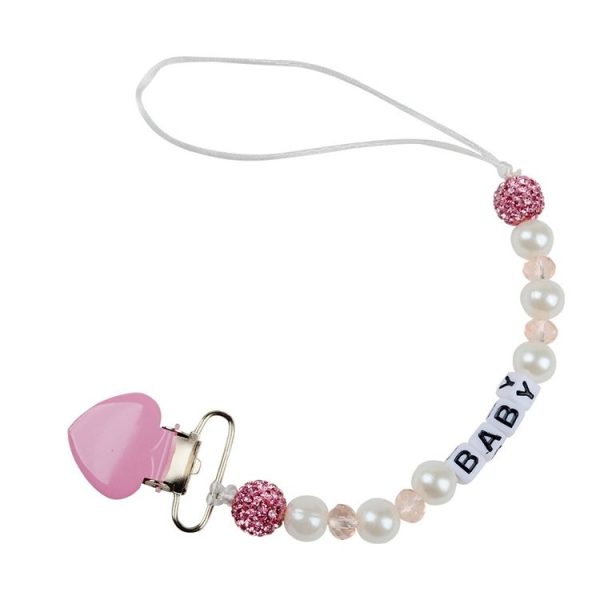 Infant Baby Pacifier Clip Chain Clay Crystal Anti-drop Heart Nipple Clip (Pink)