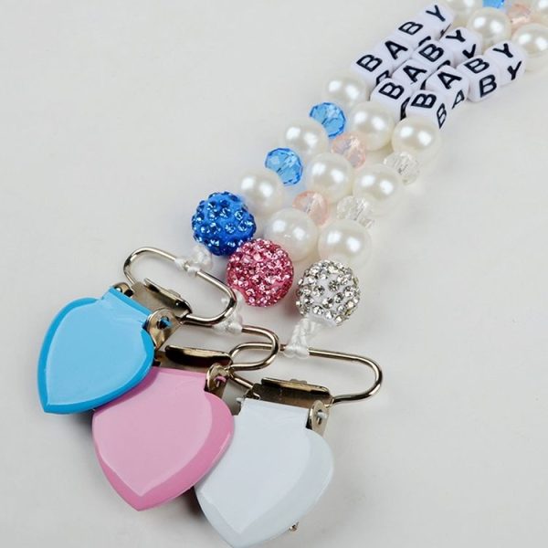 Infant Baby Pacifier Clip Chain Clay Crystal Anti-drop Heart Nipple Clip (Pink) - Image 4