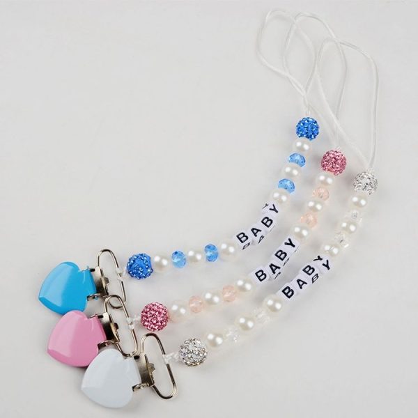 Infant Baby Pacifier Clip Chain Clay Crystal Anti-drop Heart Nipple Clip (Pink) - Image 5