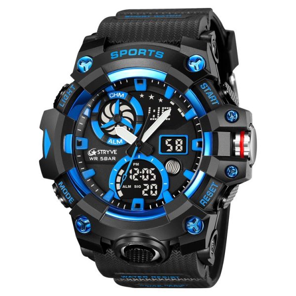 STRYVE S8027 Sports Multifunctional Luminous Dual Display Chronograph Student Watch (Black Blue)
