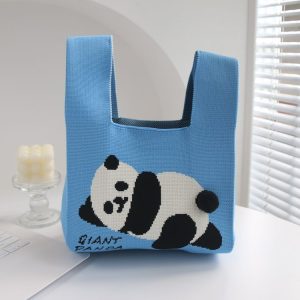 Spring and Summer Giant Panda Knitted Bag Large Capacity Cartoon Vest Style Handbag (Blue)