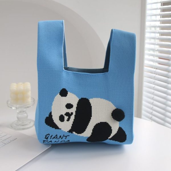 Spring and Summer Giant Panda Knitted Bag Large Capacity Cartoon Vest Style Handbag (Blue)