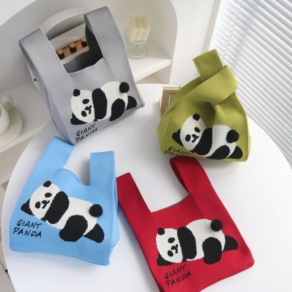 Spring and Summer Giant Panda Knitted Bag Large Capacity Cartoon Vest Style Handbag (Blue) - Image 3