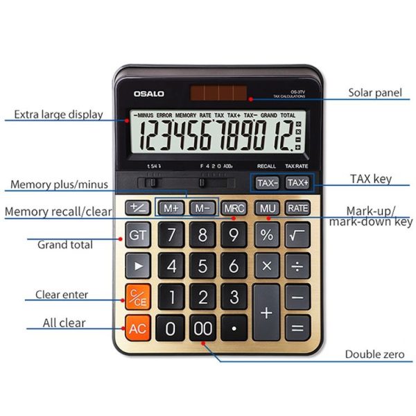 OSALO OS-3TV 12-digit LCD Screen Solar Dual Power Supply Desktop Calculator - Image 5