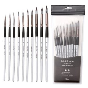 10 In 1 Nylon Hair Watercolor Paint Brush Set Wooden Handle Round Pointed Acrylic Painting Pens (Silver Black)