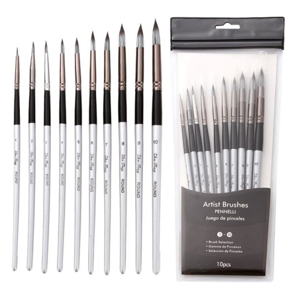10 In 1 Nylon Hair Watercolor Paint Brush Set Wooden Handle Round Pointed Acrylic Painting Pens (Silver Black)