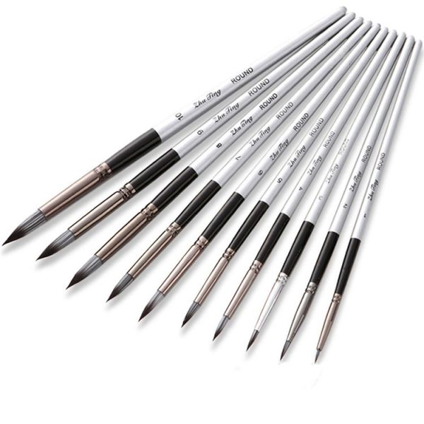 10 In 1 Nylon Hair Watercolor Paint Brush Set Wooden Handle Round Pointed Acrylic Painting Pens (Silver Black) - Image 2