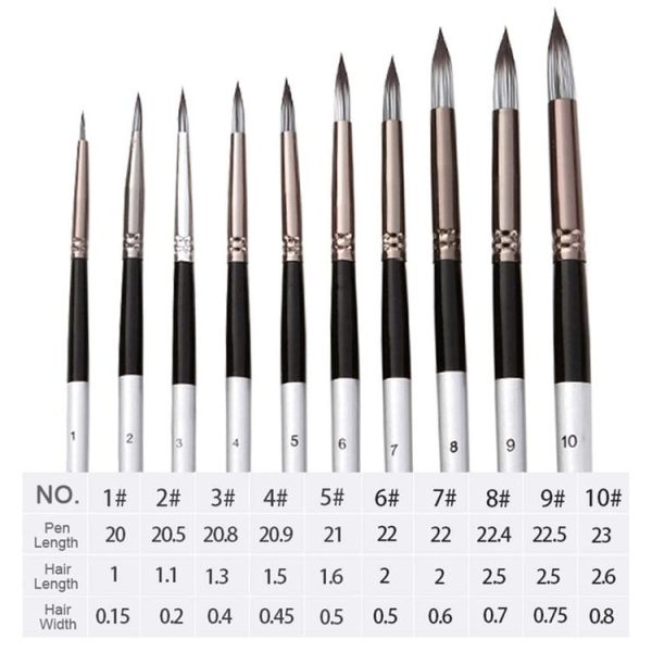 10 In 1 Nylon Hair Watercolor Paint Brush Set Wooden Handle Round Pointed Acrylic Painting Pens (Silver Black) - Image 3