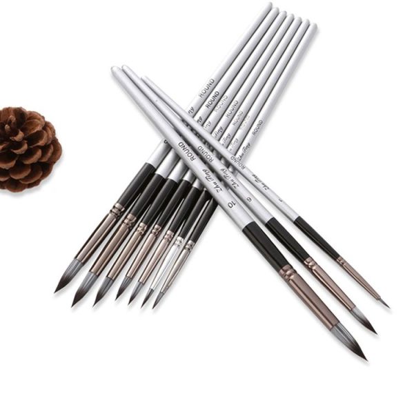 10 In 1 Nylon Hair Watercolor Paint Brush Set Wooden Handle Round Pointed Acrylic Painting Pens (Silver Black) - Image 4