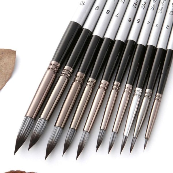 10 In 1 Nylon Hair Watercolor Paint Brush Set Wooden Handle Round Pointed Acrylic Painting Pens (Silver Black) - Image 6