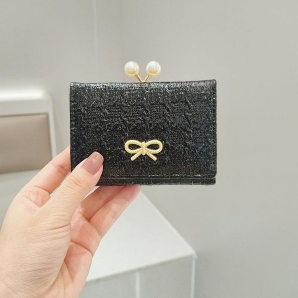 Ruched Textured Bow Pearl Clip Tri-Fold Short Wallet (Black)