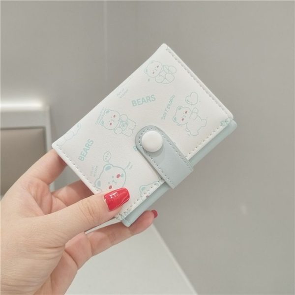 Cartoon Cute Bear Printed Wallet Large Capacity Buckle Tri-Fold Short Wallet (Blue)