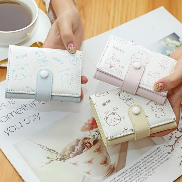 Cartoon Cute Bear Printed Wallet Large Capacity Buckle Tri-Fold Short Wallet (Blue) - Image 2