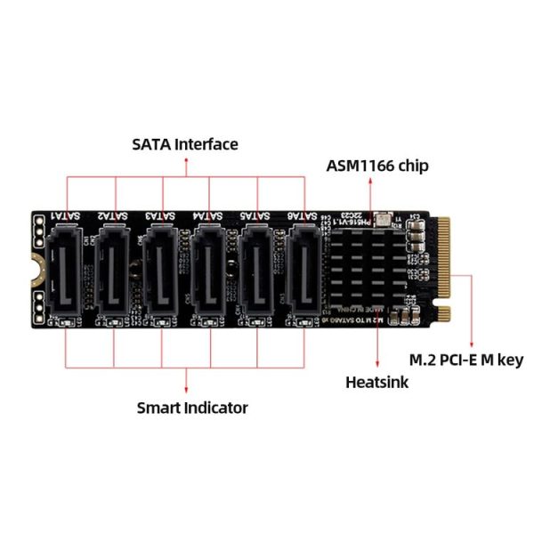 M2 M-EKY PCIE3.0 To SATA6G Transfer Expansion Card 6 Port Hard Disk Expansion Adapter Card (PH516) - Image 3