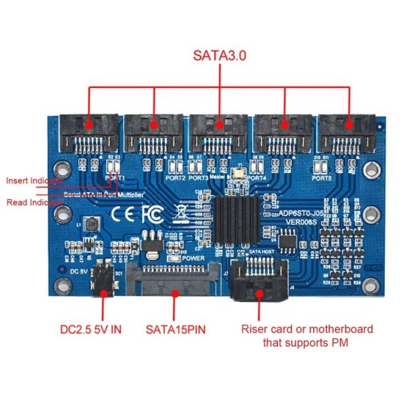 SATA3.0 6Gbps JMB575 Chip SATA Expansion Card 1 to 5 Port Riser Card - Image 5
