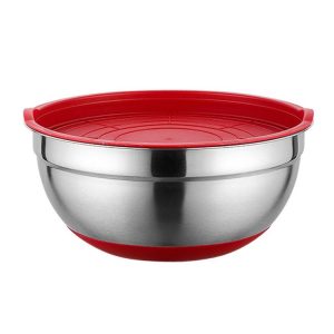 18cm With Colorful Silicone Bottom & Lid Salad Bowl Stainless Steel Thickened Basin (Color Random Delivery)