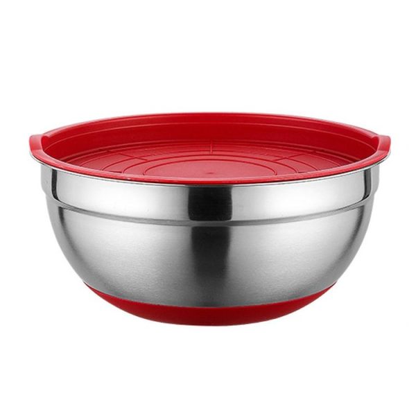 18cm With Colorful Silicone Bottom & Lid Salad Bowl Stainless Steel Thickened Basin (Color Random Delivery)