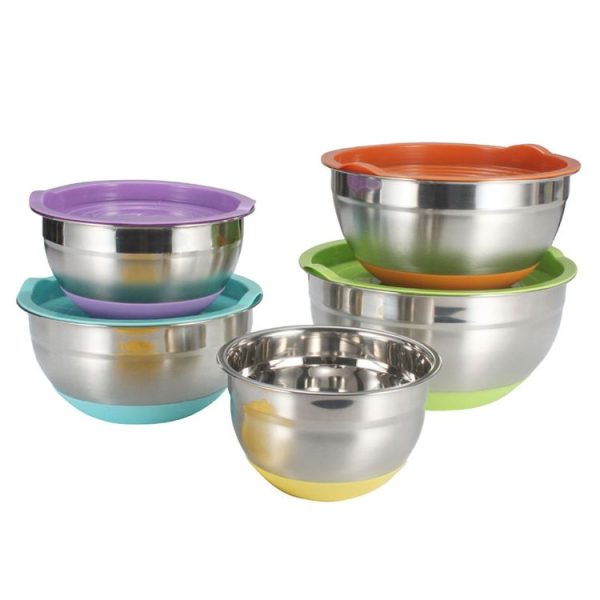 18cm With Colorful Silicone Bottom & Lid Salad Bowl Stainless Steel Thickened Basin (Color Random Delivery) - Image 2