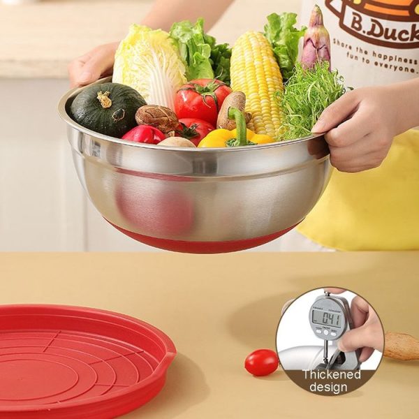 18cm With Colorful Silicone Bottom & Lid Salad Bowl Stainless Steel Thickened Basin (Color Random Delivery) - Image 5
