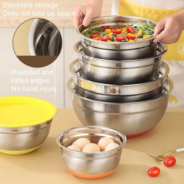 18cm With Colorful Silicone Bottom & Lid Salad Bowl Stainless Steel Thickened Basin (Color Random Delivery) - Image 6