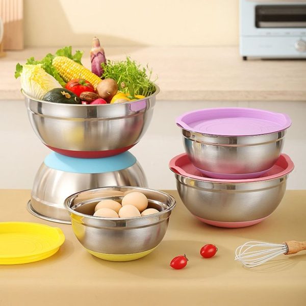 18cm With Colorful Silicone Bottom & Lid Salad Bowl Stainless Steel Thickened Basin (Color Random Delivery) - Image 8