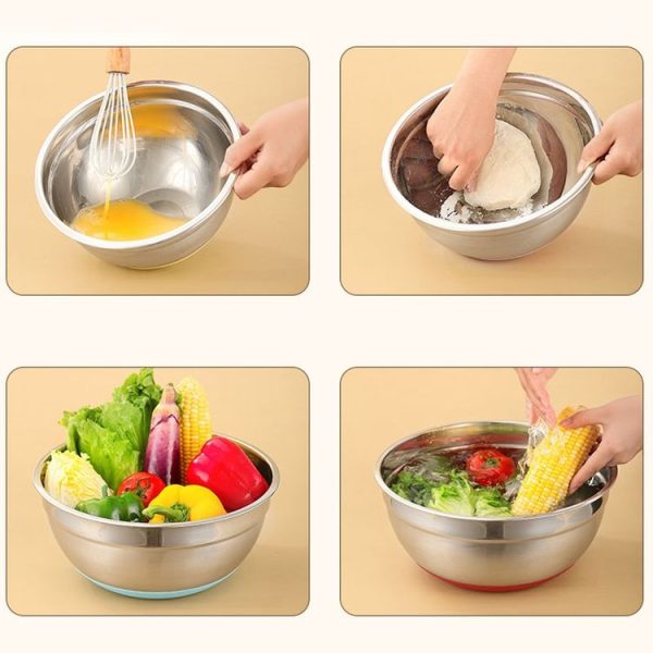 18cm With Colorful Silicone Bottom & Lid Salad Bowl Stainless Steel Thickened Basin (Color Random Delivery) - Image 9