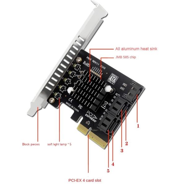 PCI-E To 5 SATA 3.0 Expansion Card (Full High Baffle) - Image 3