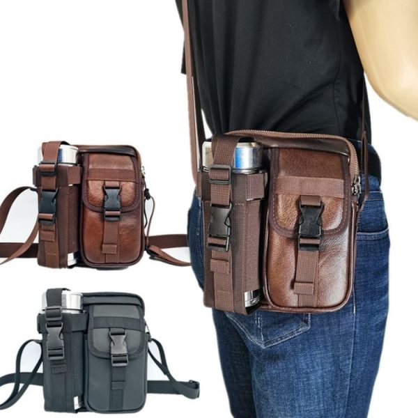 8 Inch Leather Shoulder Mobile Phone Messenger Bag Casual Water Bottle Bag (Black) - Image 2