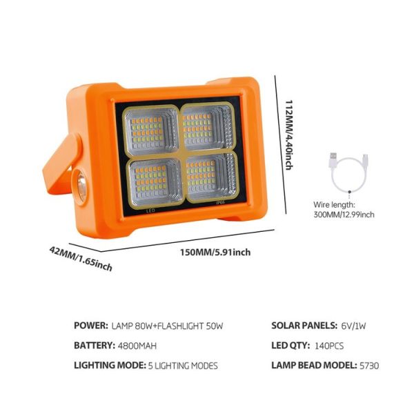Solar Flood Light Portable Flashlight Emergency Work Light (Orange) - Image 2