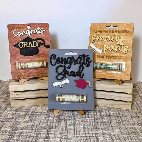 Creative Wooden Happy Graduation Greeting Cards Party Celebrations Congrats Card with Money Holder (Red) - Image 5