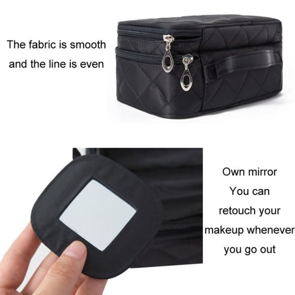 Rhombus Waterproof Cosmetic Bag Toiletries Storage Bag With Mirror (Black) - Image 4