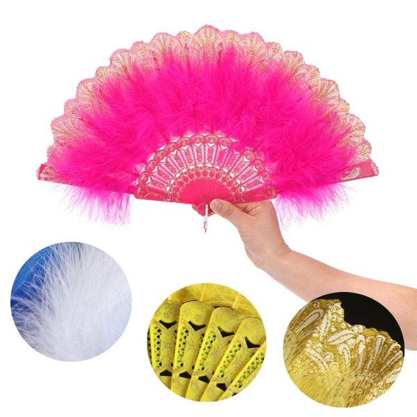 Vintage Style Flapper Hand Fan Embroidered Flower Marabou Feather Fan (Rose Red) - Image 2