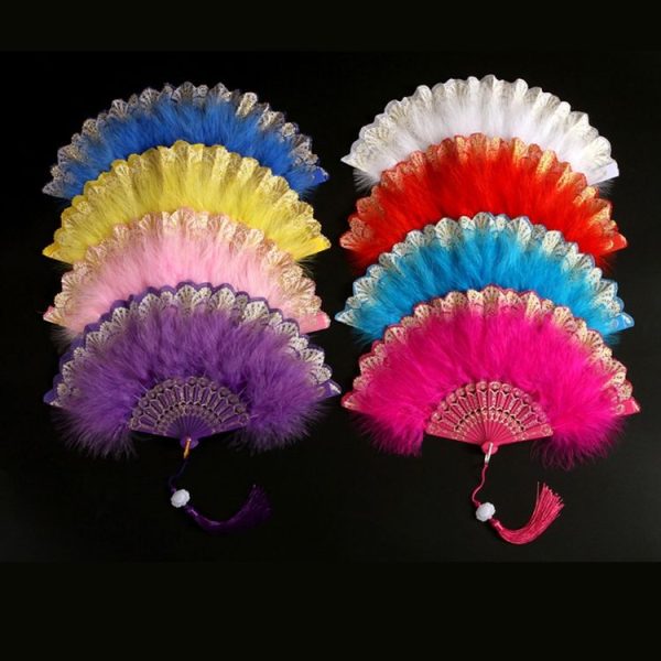 Vintage Style Flapper Hand Fan Embroidered Flower Marabou Feather Fan (Rose Red) - Image 4