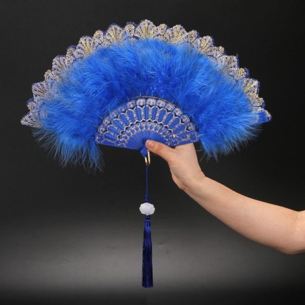 Vintage Style Flapper Hand Fan Embroidered Flower Marabou Feather Fan (Rose Red) - Image 5