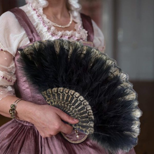 Vintage Style Flapper Hand Fan Embroidered Flower Marabou Feather Fan (Rose Red) - Image 6