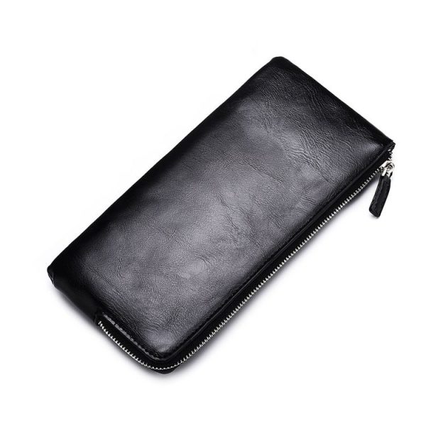Men Long Wallet Soft Leather Zipper Mini Phone Bag Clutch Bag (Black)
