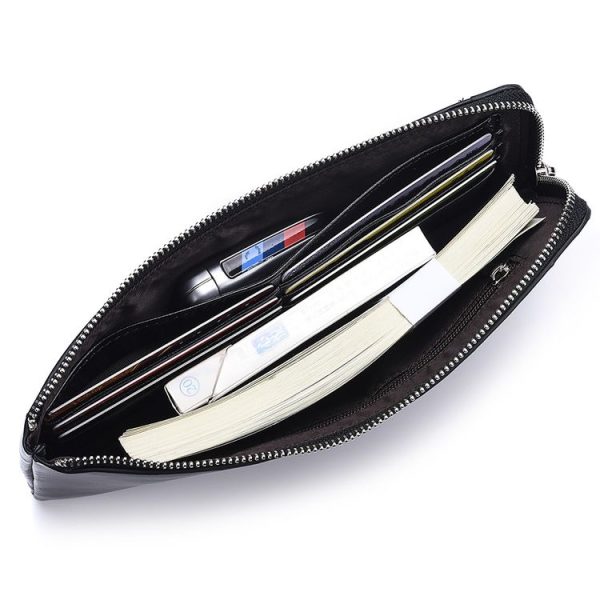 Men Long Wallet Soft Leather Zipper Mini Phone Bag Clutch Bag (Black) - Image 3