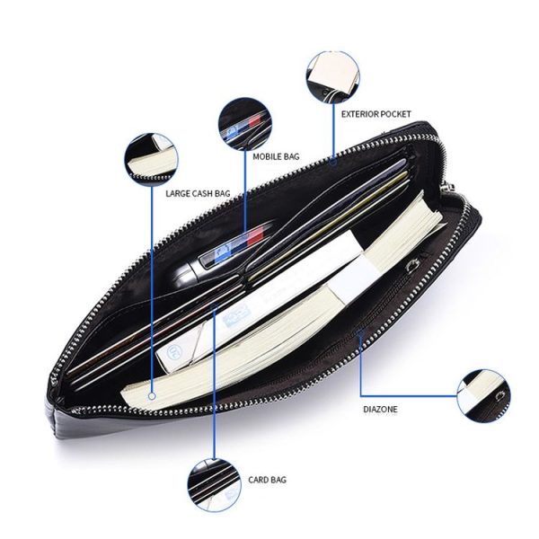 Men Long Wallet Soft Leather Zipper Mini Phone Bag Clutch Bag (Black) - Image 5