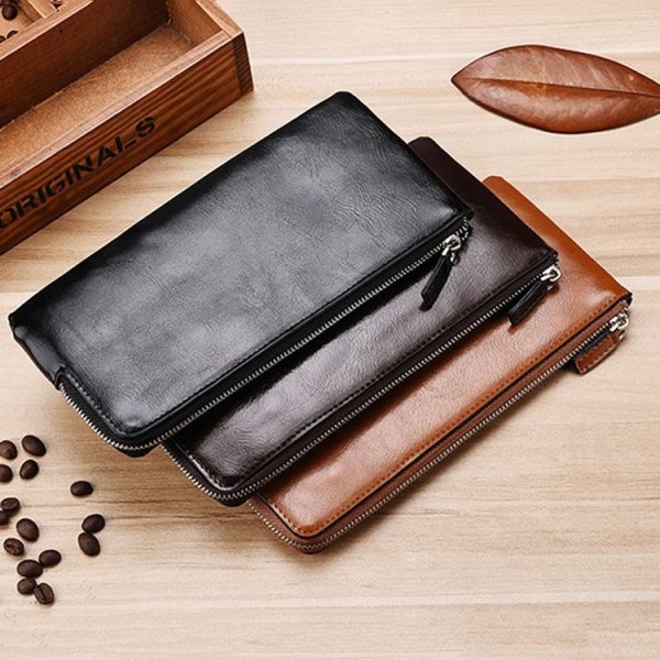 Men Long Wallet Soft Leather Zipper Mini Phone Bag Clutch Bag (Black) - Image 7