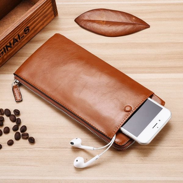 Men Long Wallet Soft Leather Zipper Mini Phone Bag Clutch Bag (Black) - Image 8
