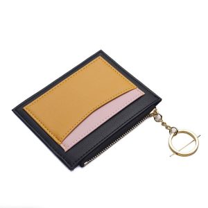 Women PU Leather Small Wallet Short Ultra-thin Color Contrast Splicing Card Holder (Black)