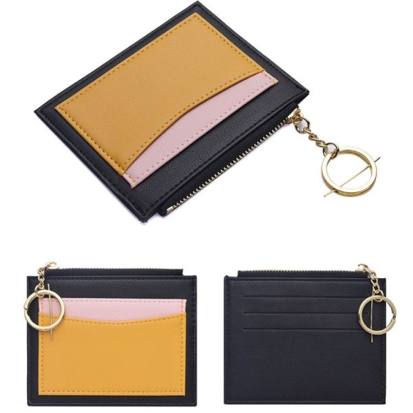 Women PU Leather Small Wallet Short Ultra-thin Color Contrast Splicing Card Holder (Black) - Image 2