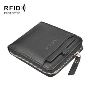 DEABOLAR Men Short Type PU Wallet Retro Zipper RFID Antimagnetic Card Holder (Black)