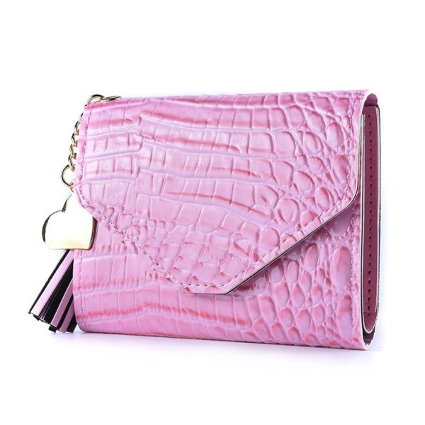 Ladies Wallet Tassel Trifold Crocodile Pattern Coin Purse Card Holder (Crocodile Pattern Pink)
