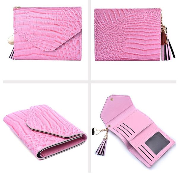 Ladies Wallet Tassel Trifold Crocodile Pattern Coin Purse Card Holder (Crocodile Pattern Pink) - Image 2