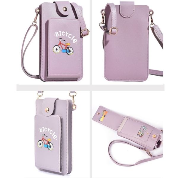 Ladies Mobile Phone Bag One Shoulder Messenger Mini Bag Printed Long Card Holder Wallet (Purple) - Image 2
