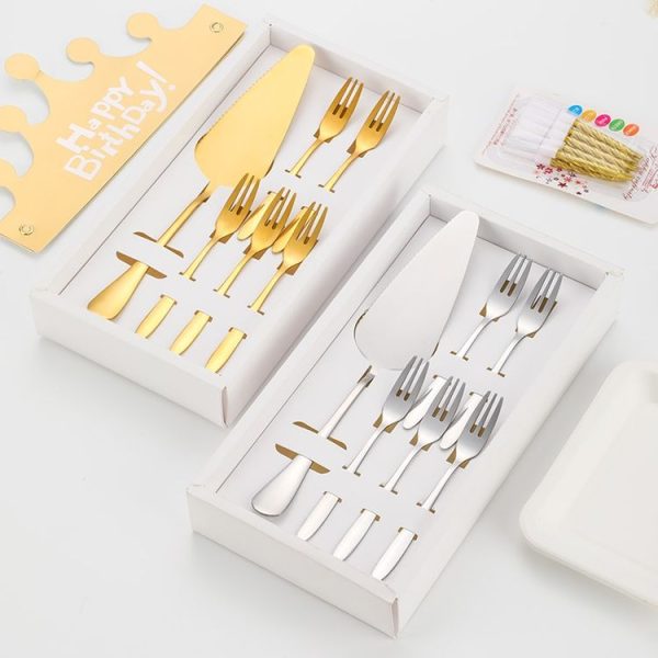6pcs / set Stainless Steel Cake Knife And Fork Set, Color: Silver With 2-tine Forks - Image 2
