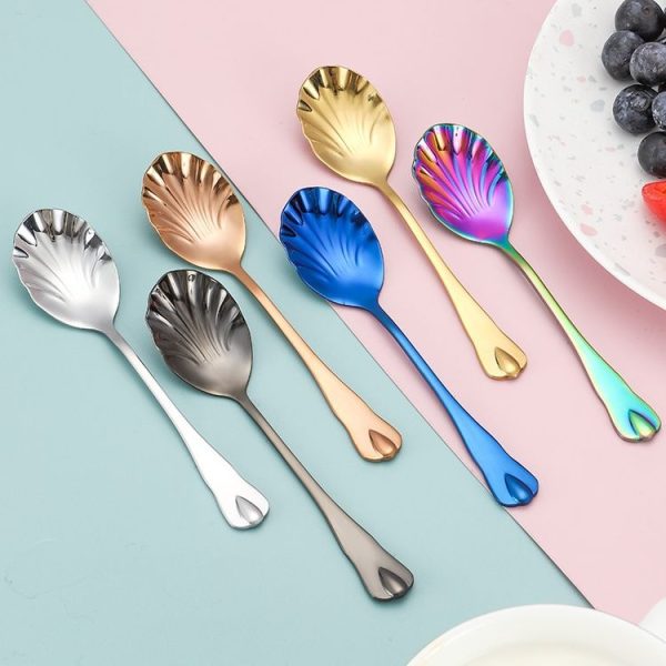 Stainless Steel Water Droplet Shell Spoon Ice Cream Spoon Coffee Mixing Spoon, Color: Stainless Steel Color - Image 4