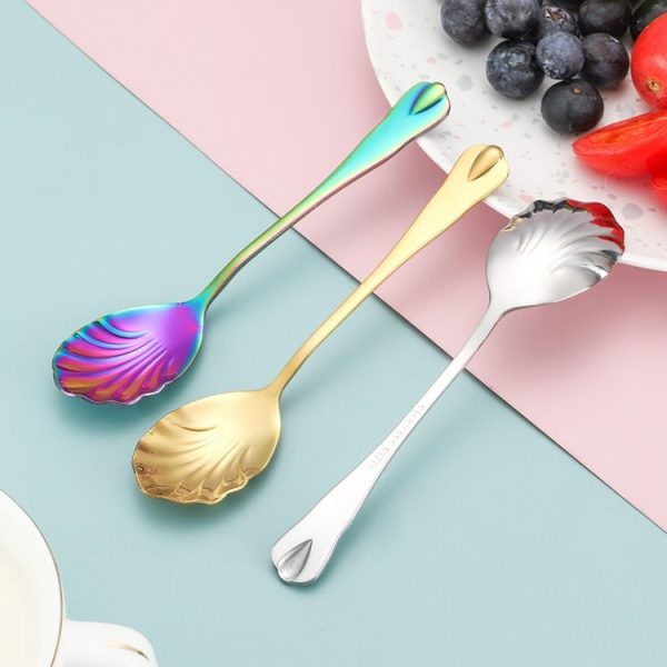 Stainless Steel Water Droplet Shell Spoon Ice Cream Spoon Coffee Mixing Spoon, Color: Stainless Steel Color - Image 5
